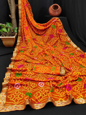Kanooda Prints Printed Bandhani Georgette Saree(Multicolor)