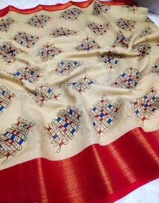 maayro Printed Chanderi Cotton Linen Saree(Beige)