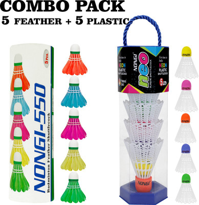 Nongi Badminton Shuttle (NEO & 550) Combo Pack Of 10 For Badminton Sports Feather & Plastic Shuttle  - White, Multicolor(Medium, 77, Pack of 10)