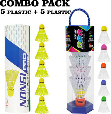Nongi Badminton Shuttle (NEO & NEON) Combo Pack Of 10 Shuttle For Indoor Outdoor Sport Plastic Shuttle  - White, Yellow(Medium, 77, Pack of 10)