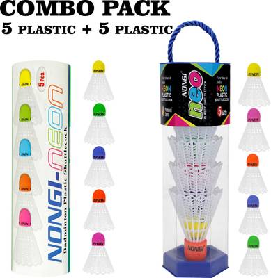 Nongi Badminton Shuttle (NEO & NEON) Combo Pack Of 10 Shuttle For Indoor Outdoor Sport Plastic Shuttle  - White