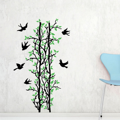 SUDARSHAN DESIGNS 117 cm Green Leaves Tree And Birds Wall Sticker PVC Vinyl Standard Size - Self Adhesive Sticker(Pack of 1)