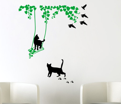 SUDARSHAN DESIGNS 132 cm Cat On Swings Design Wall Sticker PVC Vinyl Standard Size - 117cm X 132cm Self Adhesive Sticker(Pack of 1)