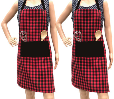 Feather Green Cotton Home Use Apron - Free Size(Red, Pack of 2)