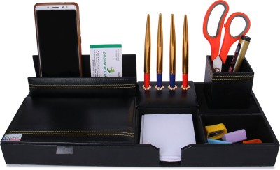 RASPER 8 Compartments Black Genuine Leather Multipurpose Desk Organizer Stylish Pen Stand with Mobile & Remote Stand with Memo Pad Holder Office Table Stationery Supplies Organizer(Black (16x7 Inches))