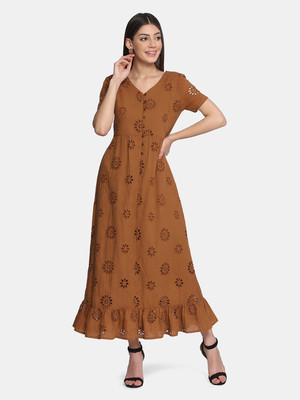 Saanjh Women Fit and Flare Brown Maxi/Full Length Dress