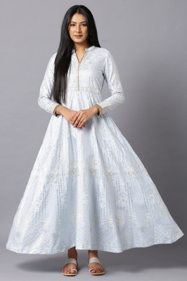 W Women Fit and Flare Light Blue Ankle Length Dress