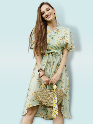 Sera Women Fit and Flare Green Above Knee/Mid Thigh Length Dress