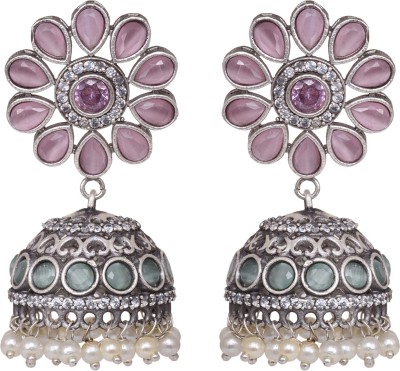 SARAF RS JEWELLERY Oxidised Siver Pink & Mint Stone Studded Dome Jhumka Earrings Cubic Zirconia Alloy Jhumki Earring