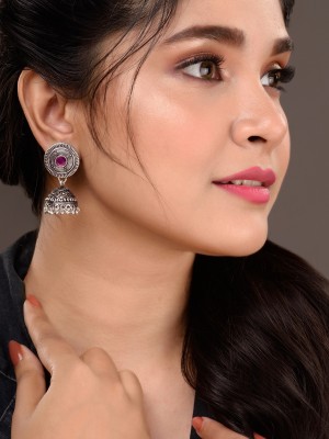 SARAF RS JEWELLERY Oxidised Silver Plated Red Stone Studded Round Jhumka Earrings Cubic Zirconia Alloy Jhumki Earring
