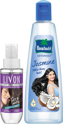 Parachute Advansed Jasmine Coconut Hair Oil, Shiny, Strong Hair & Livon Hair Serum For Women & Men (2 Items In The Set) For Rs. 240 @ 53% off