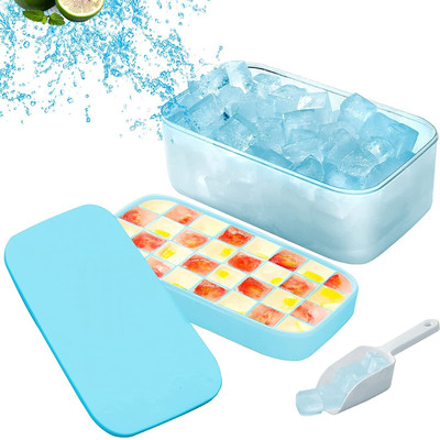 AshandRoh Ice Cube Trays with lid, Reusable Ice Trays with Container and Scoop for Freezer Blue Plastic Ice Cube Tray(Pack of1)