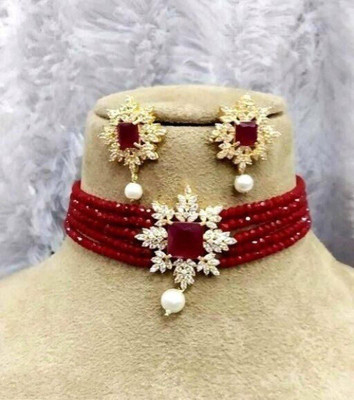 UNNATI JEWEL Brass Gold-plated Maroon, White Jewellery Set(Pack of 1)
