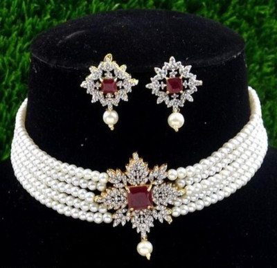 MB Creation Brass Gold-plated White, Ruby Red Jewellery Set(Pack of 1)
