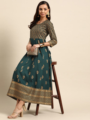 Sa Rasa Women Printed Anarkali Kurta(Green, Gold)