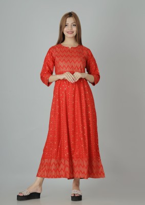 karodiwaal collection Women Printed Flared Kurta(Red)