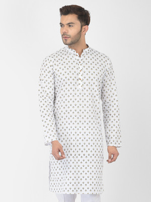 DEYANN Men Printed Straight Kurta(Silver, White)