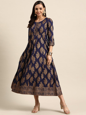 Libas  - GERUA Women Floral Print Flared Kurta(Dark Blue)
