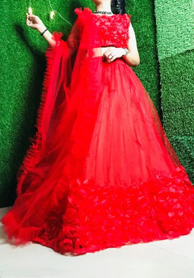 Nepyun Collection Embroidered, Embellished, Self Design, Chevron/Zig Zag Semi Stitched Lehenga Choli(Red)