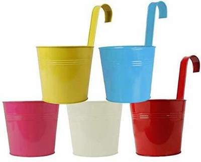 TrustBasket Plain Round Railing Planters/pots (Pink,Yellow,Ivory,Teal and Red) - Set of 5 Plant Container Set(Pack of 5, Metal)