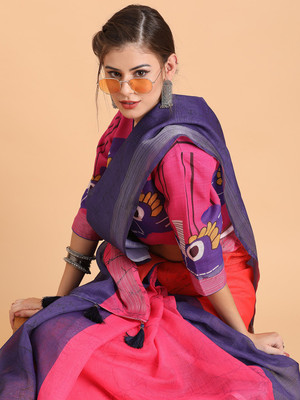 Sangria Printed Bollywood Linen Saree(Purple)