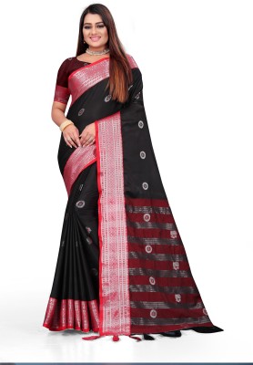 Grubstaker Woven Kanjivaram Cotton Silk Saree(Black)