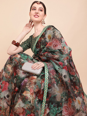 Sangria Printed Bollywood Organza Saree(Dark Green)