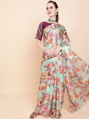 Sangria Floral Print Bollywood Satin Saree(Light Green)