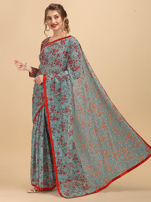 Sangria Floral Print Bollywood Lace Saree(Light Green)