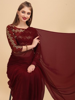 Sangria Solid/Plain Bollywood Silk Blend Saree(Maroon)