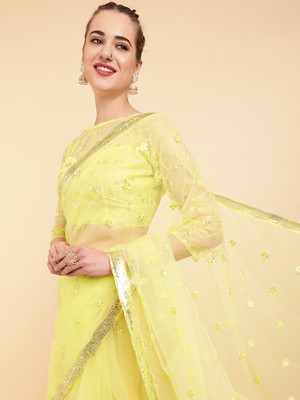 Sangria Embellished Bollywood Supernet Saree(Yellow)