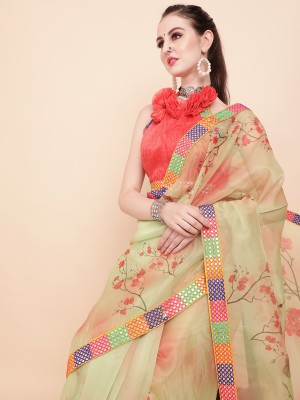 Sangria Printed Bollywood Organza Saree(Dark Green)