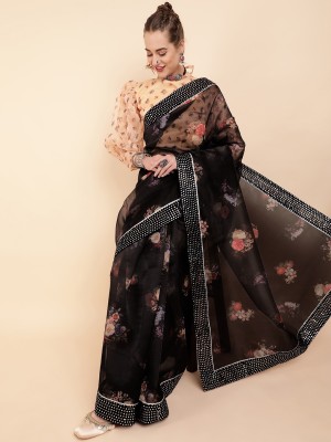 Sangria Floral Print Bollywood Organza Saree(Black)