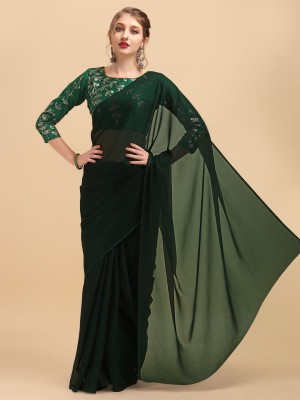 Sangria Solid/Plain Bollywood Silk Blend Saree(Dark Green)