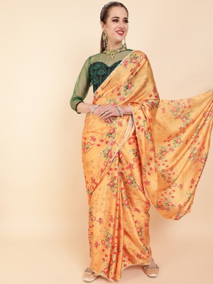 Sangria Floral Print Bollywood Satin Saree(Mustard)