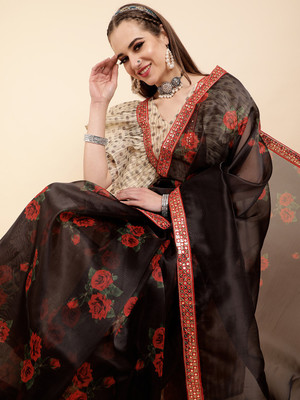 Sangria Printed Bollywood Organza Saree(Black)