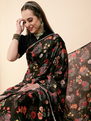 Sangria Printed Bollywood Satin Saree(Black)