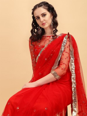 Sangria Embroidered Bollywood Silk Blend Saree(Red)