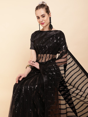 Sangria Embellished Bollywood Net Saree(Black)
