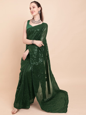 Sangria Self Design Bollywood Georgette Saree(Dark Green)