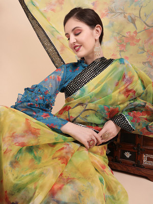 Sangria Printed Bollywood Organza Saree(Yellow)