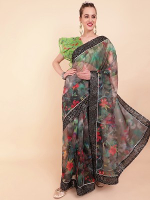 Sangria Floral Print Bollywood Organza Saree(Black)