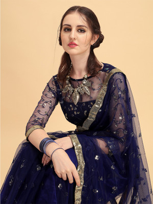 Sangria Embroidered Bollywood Silk Blend Saree(Blue)