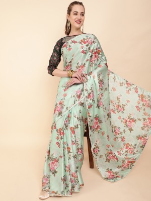 Sangria Floral Print Bollywood Satin Saree(Light Green)