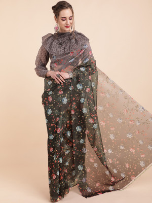 Sangria Floral Print Bollywood Organza Saree(Black)