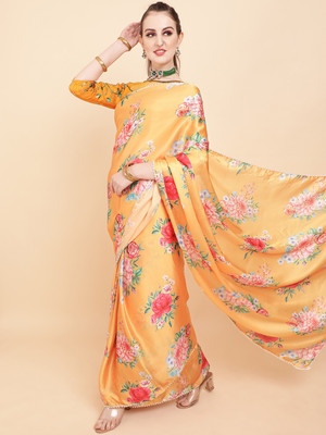 Sangria Floral Print Bollywood Satin Saree(Mustard)