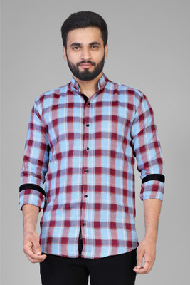 KAJARU Men Checkered Casual Light Blue, Maroon Shirt