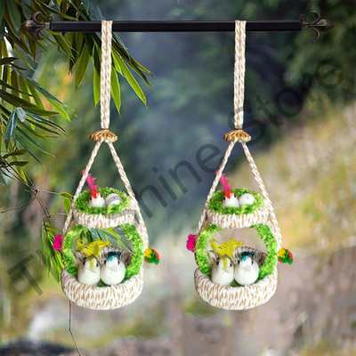 Arsh Variety Store Decorative Artificial Birds Nest Hanging Made of Natural Grass for Home Décor Decorative Showpiece  -  30 cm(Jute, Plastic, Feather, Green)