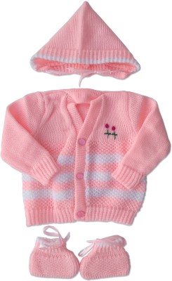 Kidska Woven V Neck Casual Baby Boys & Baby Girls Pink Sweater