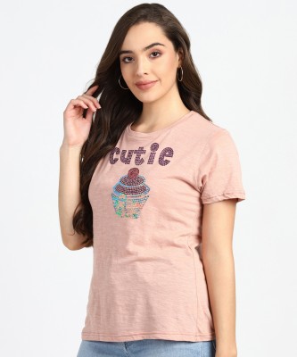 Glitzees by Glitzkart Printed Women Round Neck Pink T-Shirt